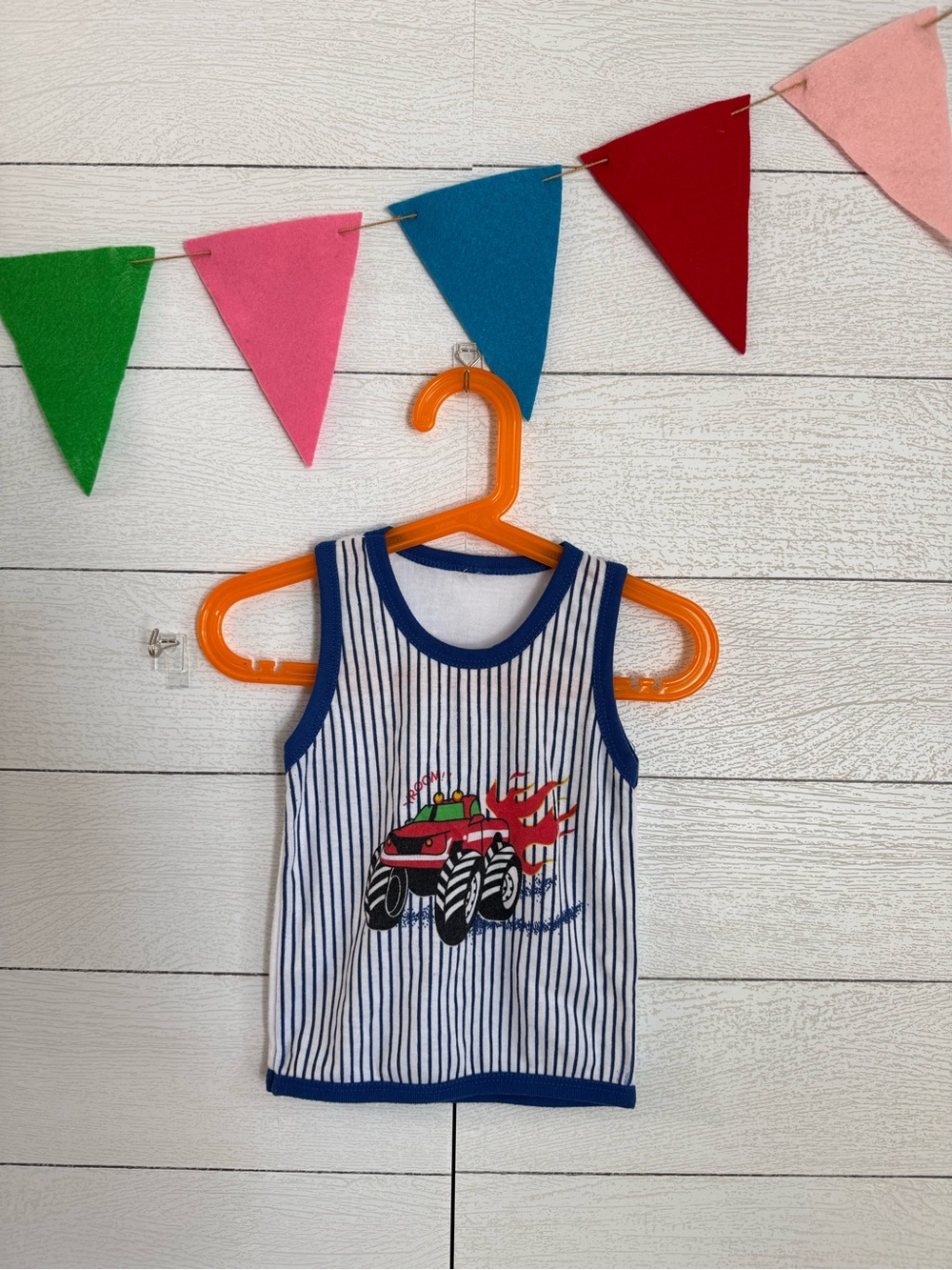 Vintage Blue Striped Monster Truck Tank Top for Kids